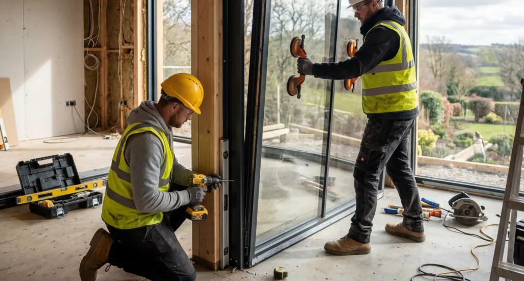 Du darbuotojai montuoja didelį stiklinį langą