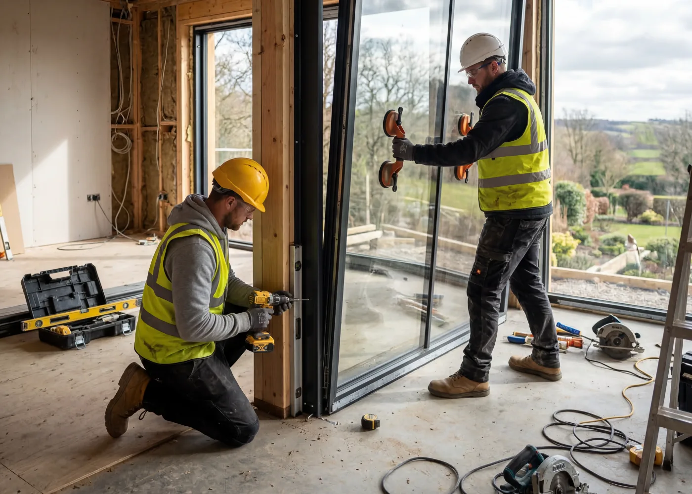 Du darbuotojai montuoja didelį stiklinį langą