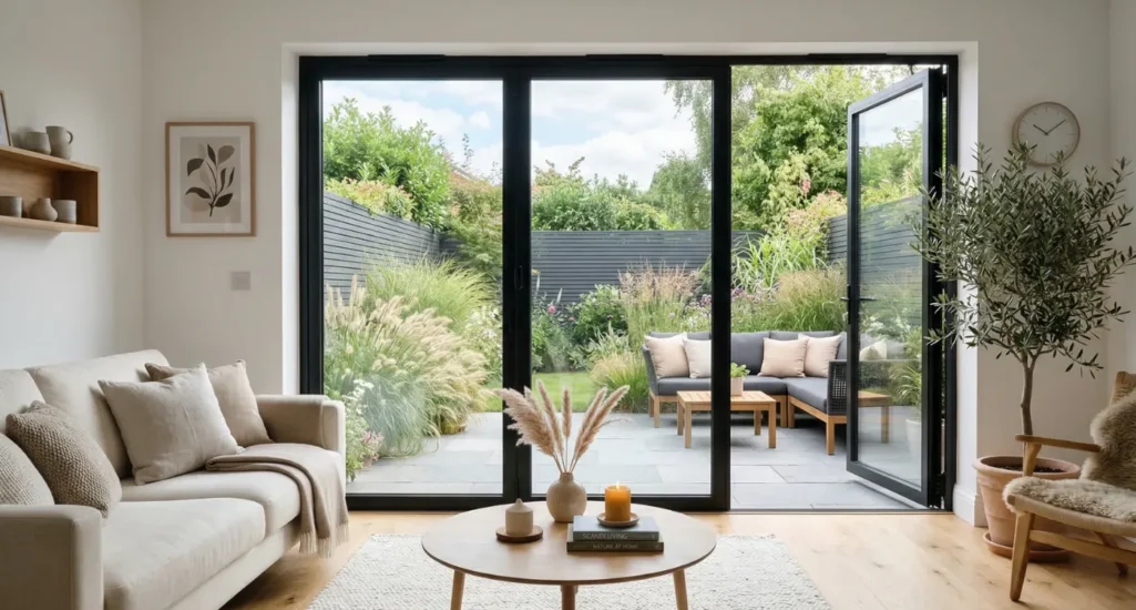 Šviesi moderni svetainė su terasos stiklo durimis į jaukų kiemą
