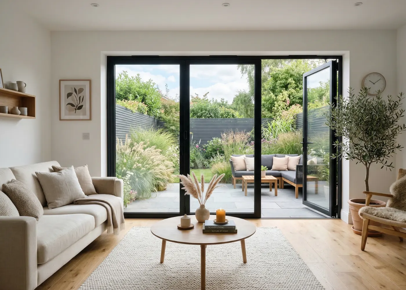 Šviesi moderni svetainė su terasos stiklo durimis į jaukų kiemą