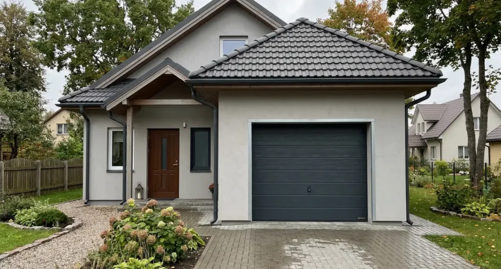 Tamsios garažo durys prie privataus namo