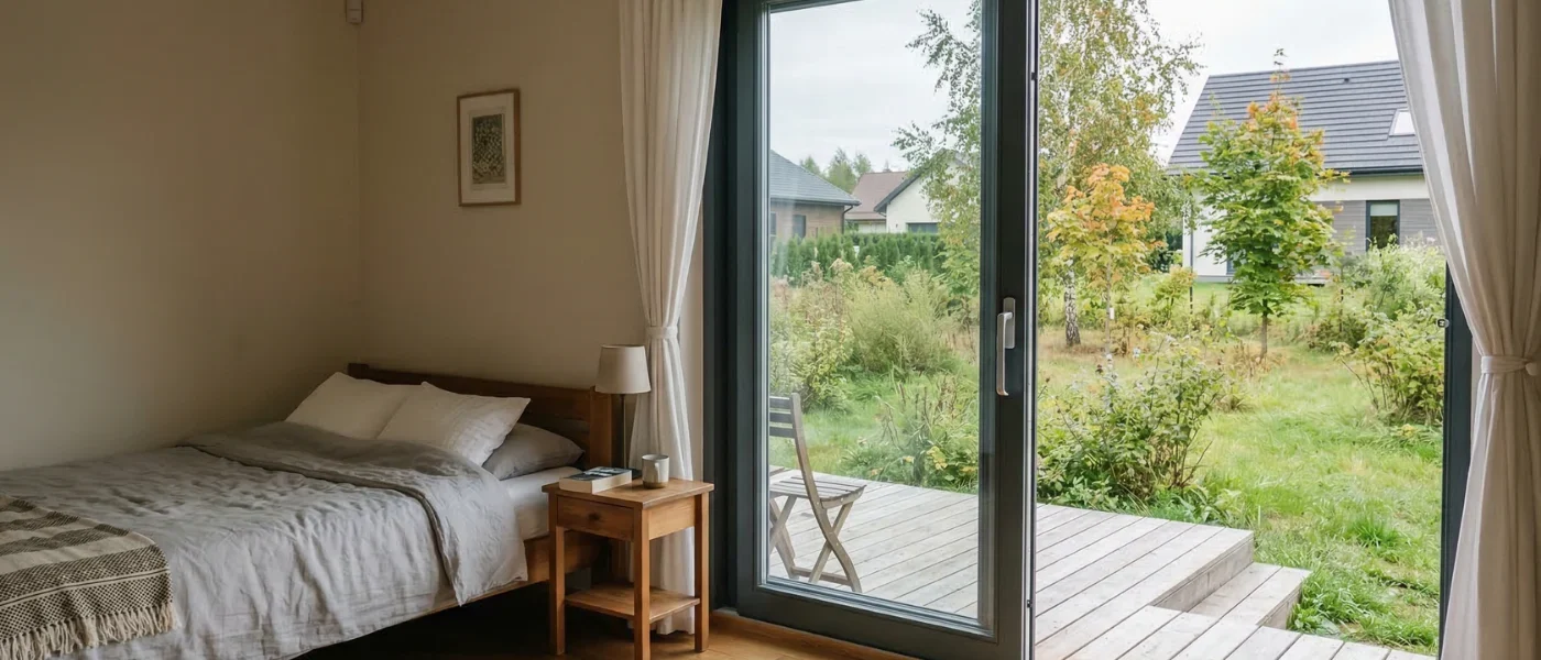 Miegamasis su stumdomomis terasos durimis ir vaizdu į kiemą