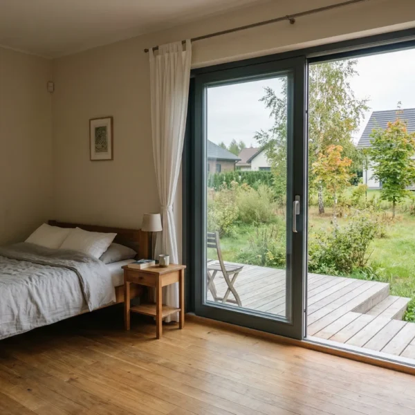 Miegamasis su stumdomomis terasos durimis ir vaizdu į kiemą