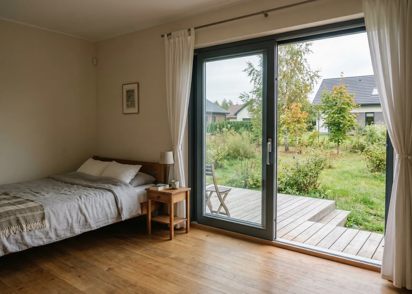 Miegamasis su stumdomomis terasos durimis ir vaizdu į kiemą