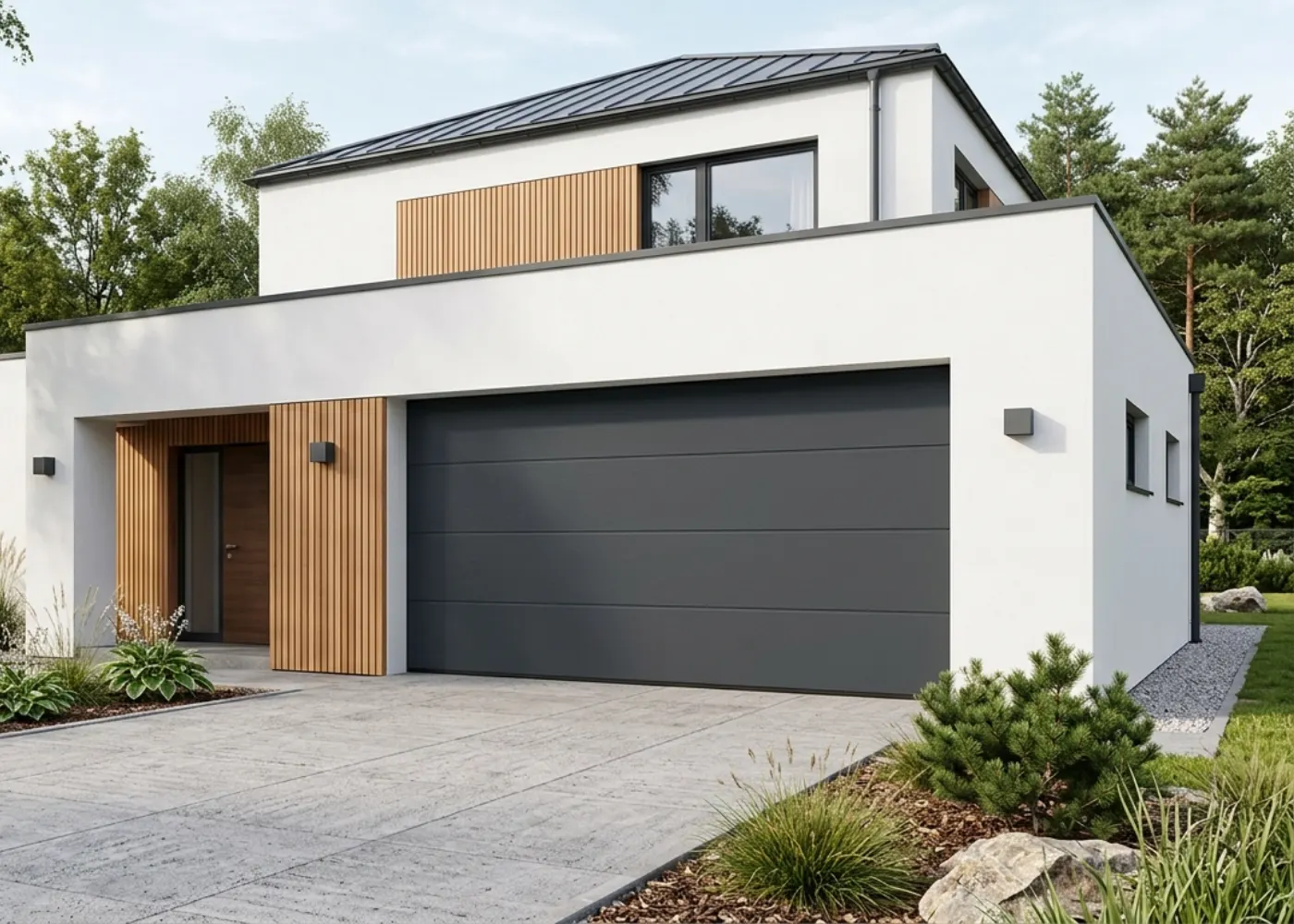 Modernūs garažo vartai prie namo