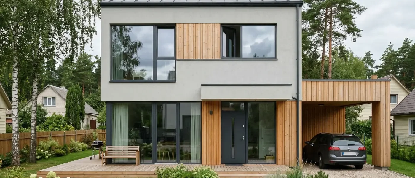 Modernus namas su dideliais langais ir vitrininėmis durimis