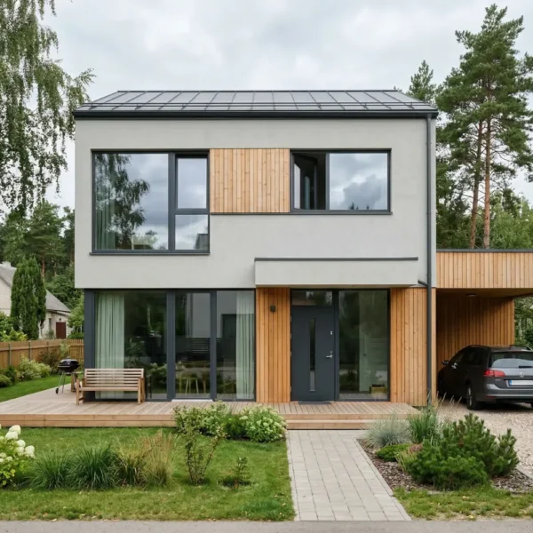 Modernus namas su dideliais langais ir vitrininėmis durimis