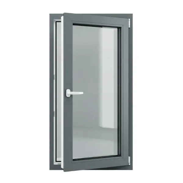 Atidarytas langas su rankena juodame rėme